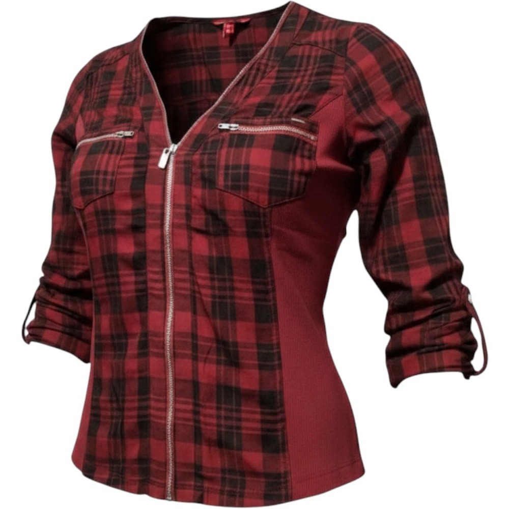 Guess Womens Miracle Zipper Shirt Plaid Red Black Fitted Top Medium